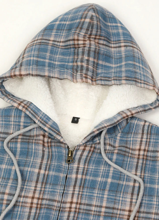 Close-up of womens blue beige sherpa lined flannel hooded hood
