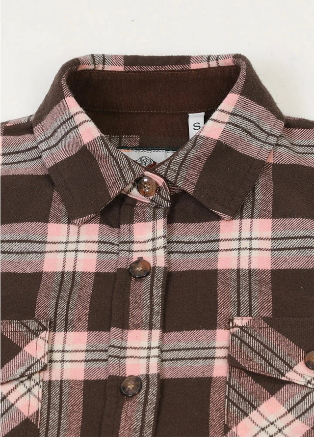 Close-up of womens corduroy trim pink chocolate plaid flannel shirt collar