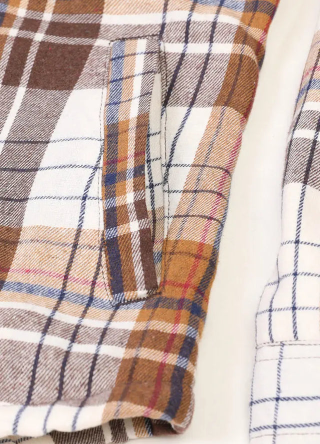 Close-up of womens khaki plaid sherpa-lined flannel hooded hand pocket