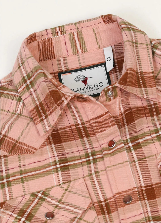 Close-up of womens pink snap-button cotton flannel shirt collar