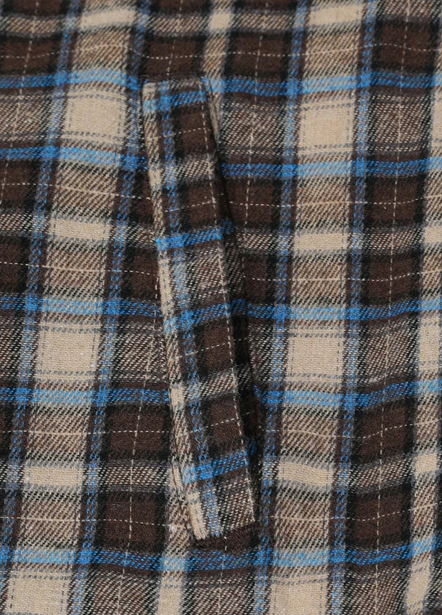 Close-up of womens snap khaki brown plaid flannel hooded hand pocket