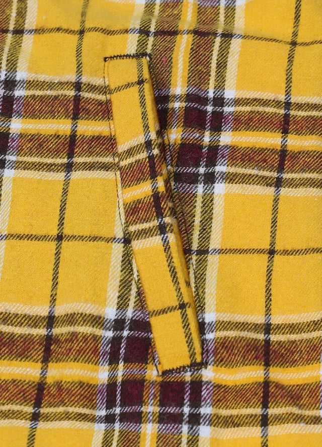 Close-up of womens snap light yellow plaid flannel hooded hand pocket