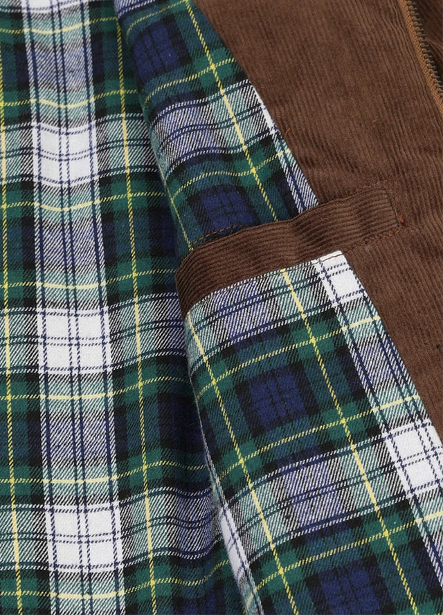 Close-up of womens vintage brown flannel-lined corduroy jacket inner pocket