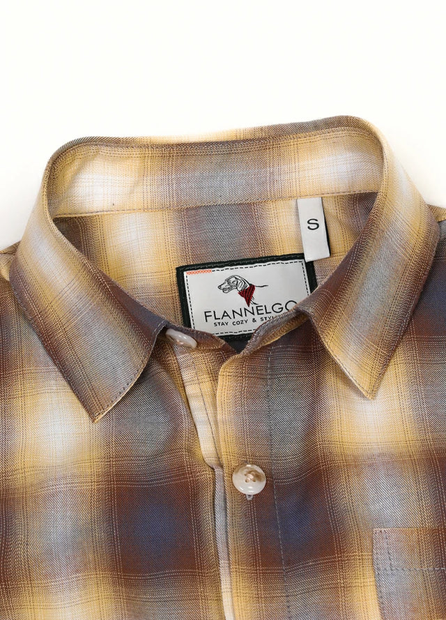 Close-up of womens yellow navy plaid short-sleeves shirt collar