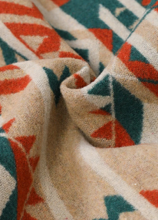 Detailed close-up of the wool-blend fabric on the womens khaki shacket