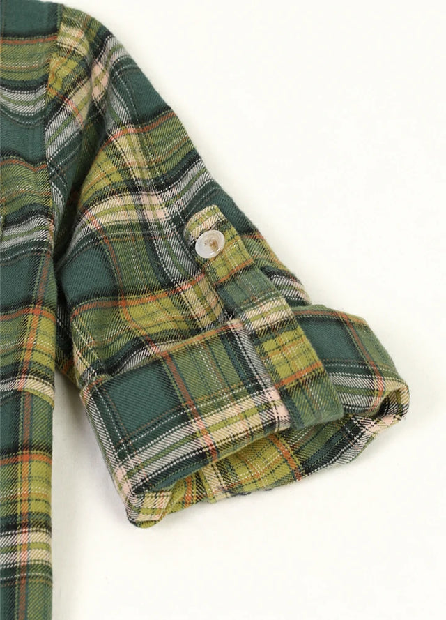 Detailed view of womens forest green plaid cotton shirt roll up sleeves