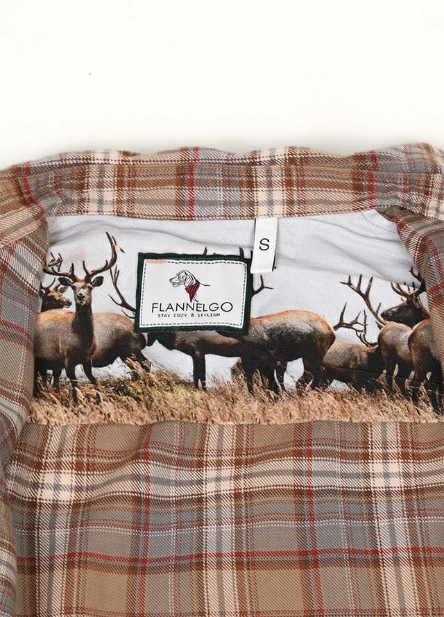 Detailed view of women's button-up brown cotton flannel shirt printed
