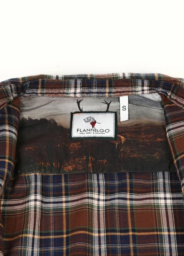 Detailed view of womens chocolate cotton plaid shirt printed