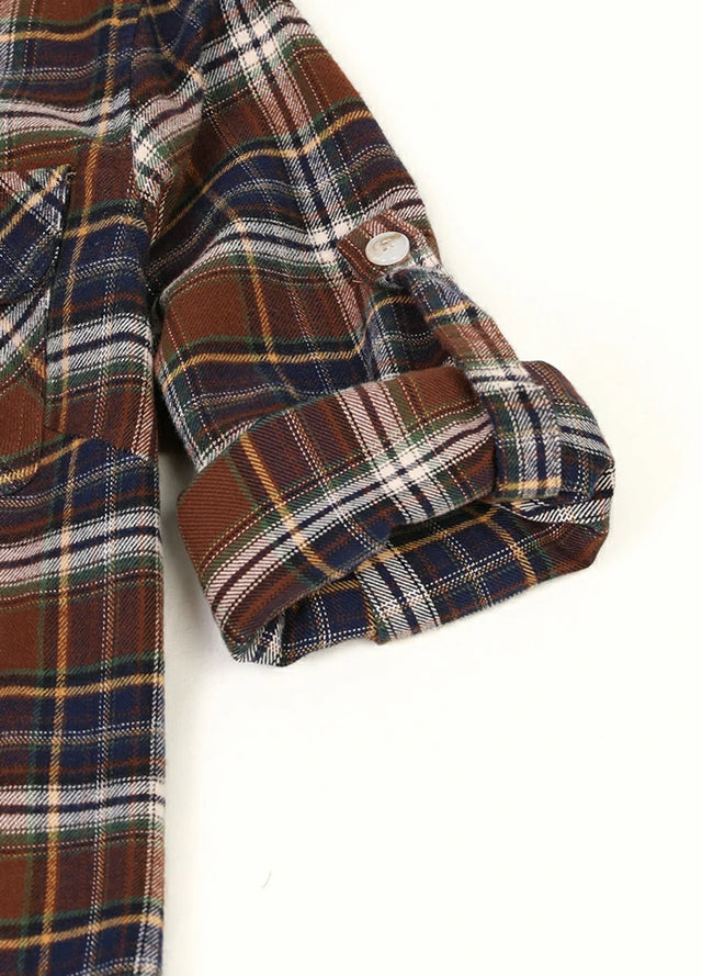 Detailed view of womens chocolate plaid cotton shirt roll up sleeves