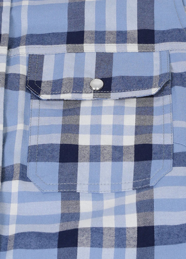Detailed view of women's blue plaid breathable cotton vest chest pocket