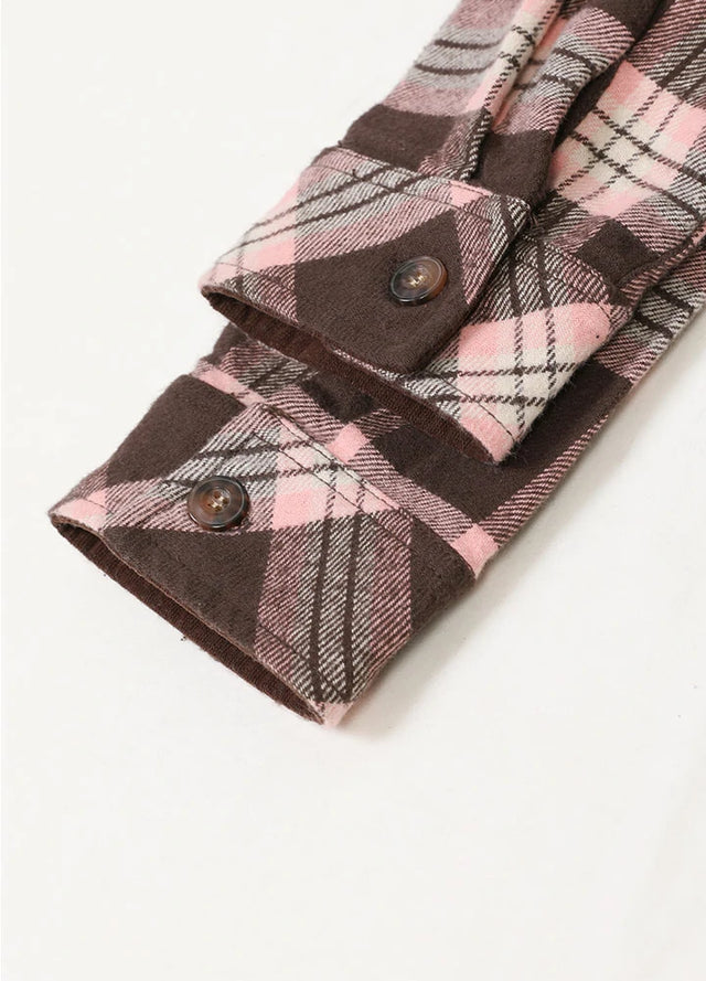 Detailed view of women's pink chocolate cotton plaid flannel shirt cuffs