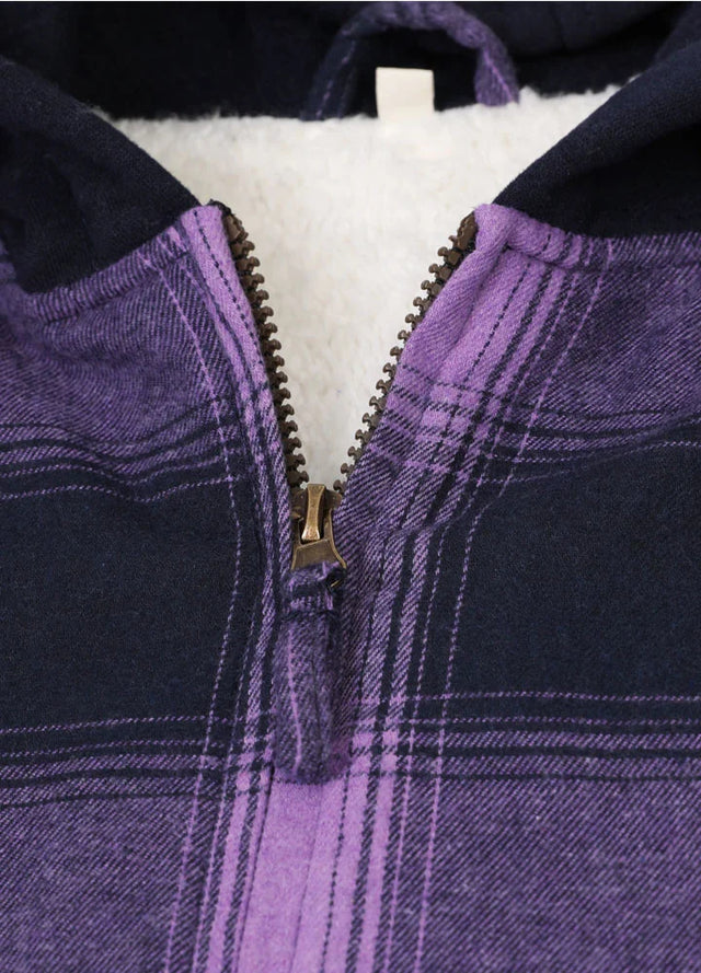 Detailed view of women's purple sherpa lined winter flannel hooded zip