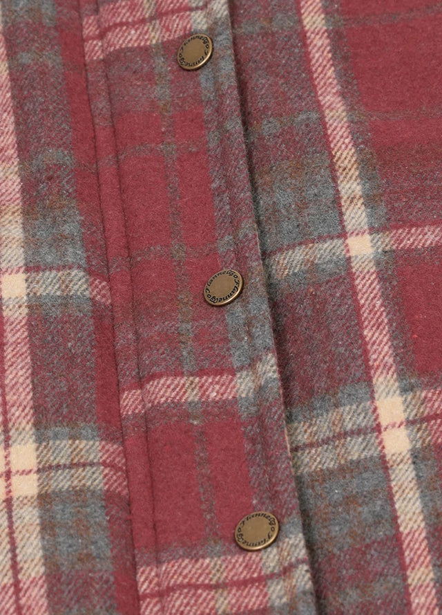 Detailed view of women's purple winter sleeveless plaid vest snap