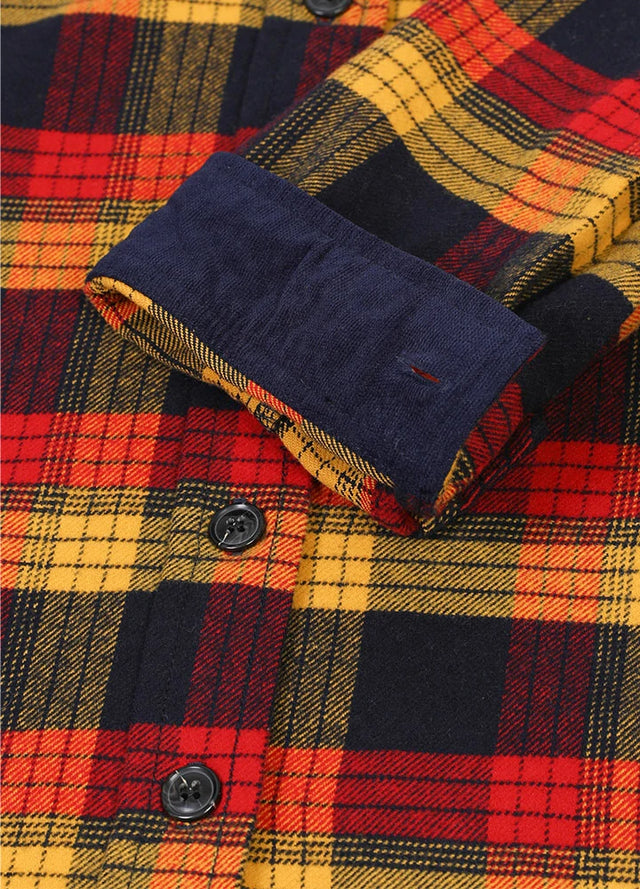 Detailed view of womens red black cotton plaid flannel shirt cuffs