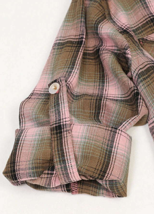 Detailed view of womens breathable pink flannel shirt roll up sleeves