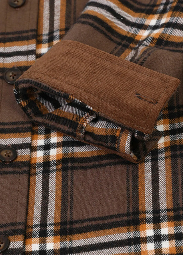 Detailed view of womens chocolate cotton plaid flannel shirt cuffs