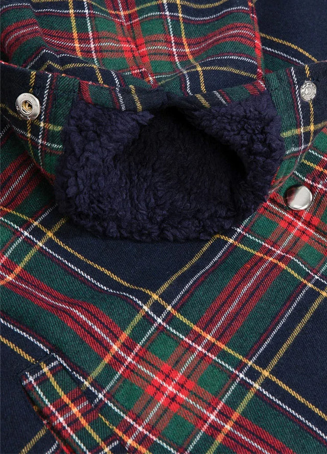 Detailed view of womens navy red sherpa lined flannel hooded cuffs
