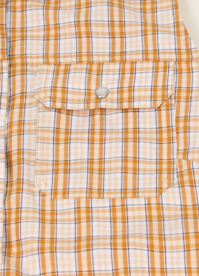 Detailed view of womens orange white plaid summer cotton vest chest pocket