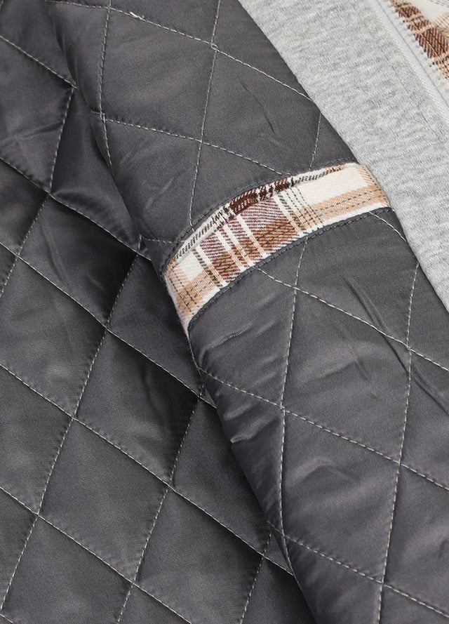 Detailed view of womens quilted-lined winter flannel jacket chest pocket