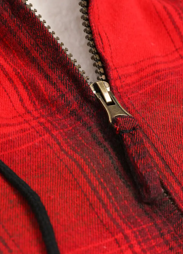 Detailed view of womens red plaid sherpa lined flannel hooded jacket zip