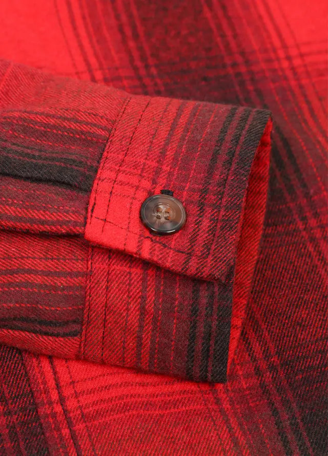 Detailed view of womens red plaid winter flannel hooded jacket cuffs