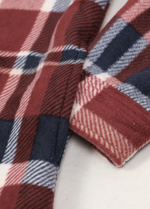 Detailed view of womens red wood button down plaid shacket hand pocket