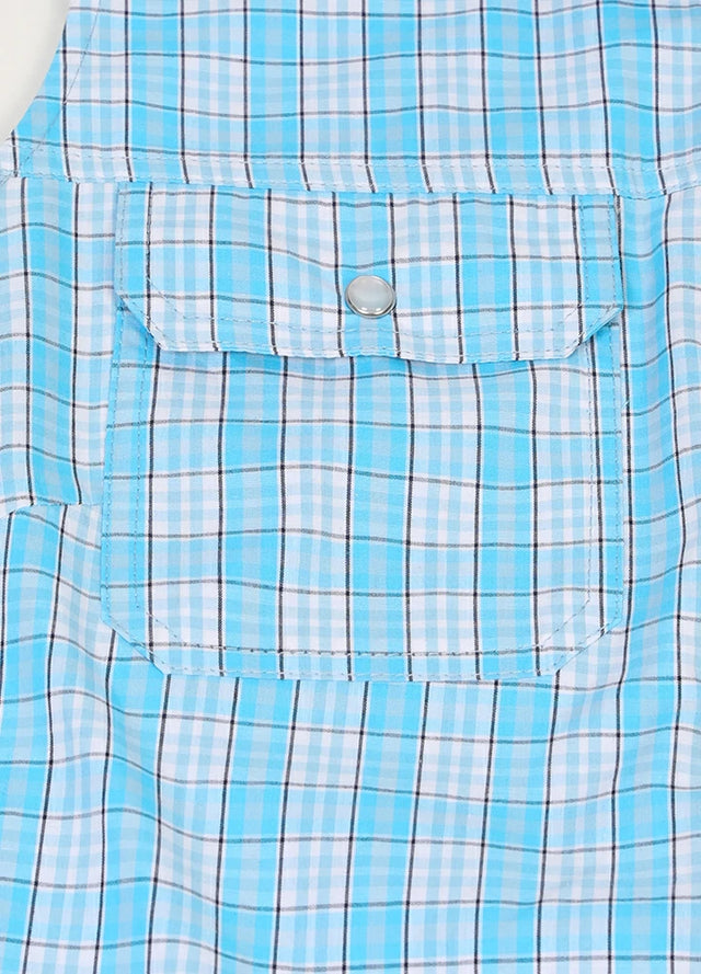 Detailed view of womens baby blue plaid breathable cotton vest chest pocket