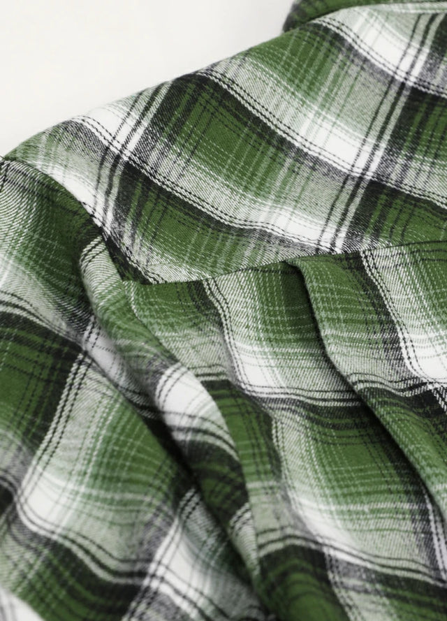 Details of men‘s green plaid printing flannel shirt shoulder