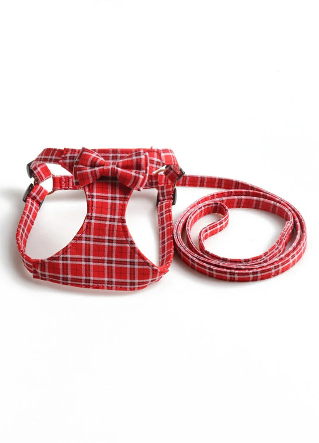 Dog‘s Bow-Knot Plaid Harness Leash Set