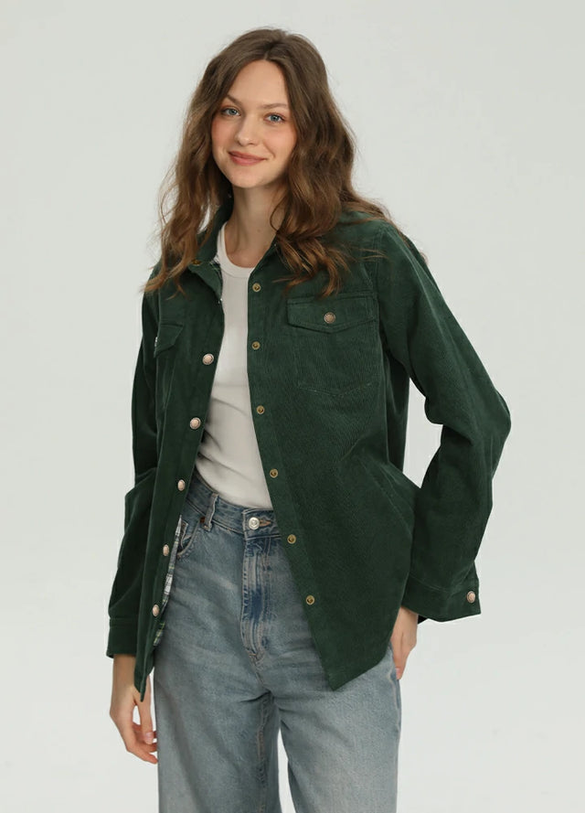 Women in a dark green flannel-lined corduroy jacket