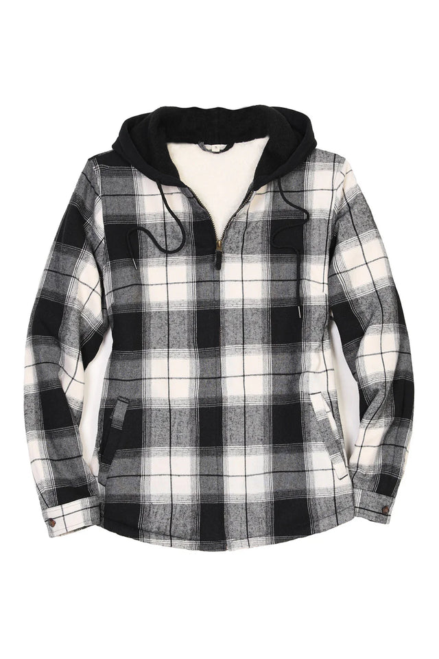 Front view of a women's white black plaid flannel shacket with fleece hood