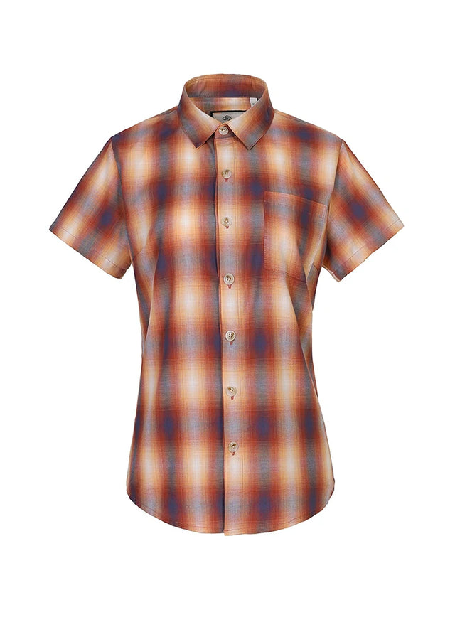 Front view of a women's tan summer cozy plaid shirt with button up