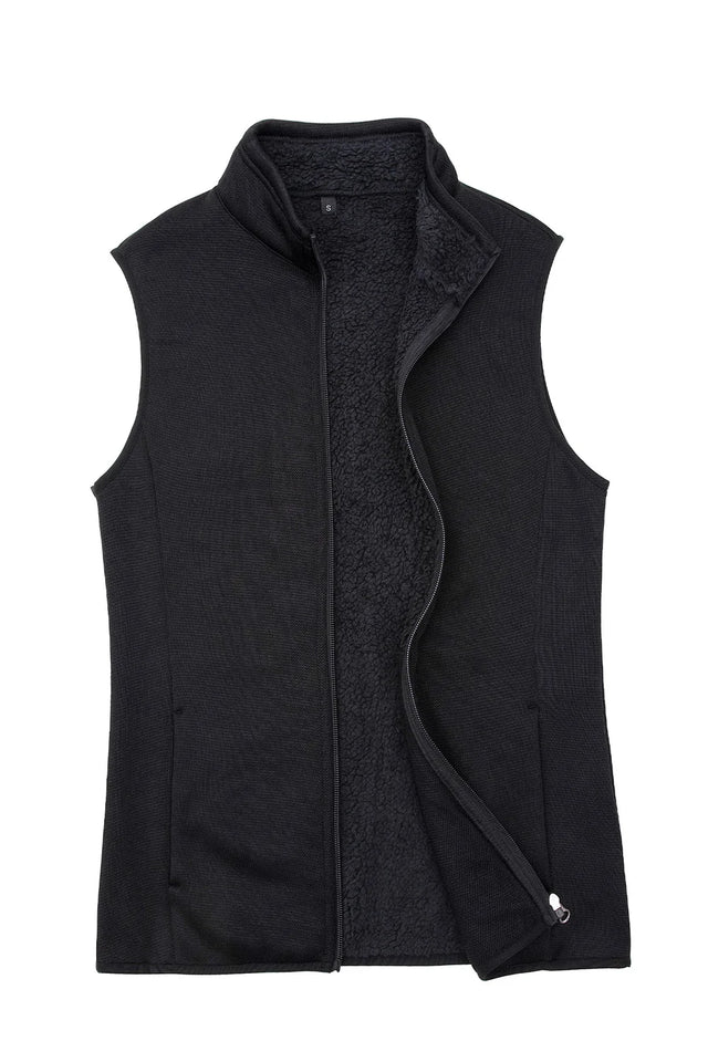 Front view of a women's black sweater fleece vest with sherpa lined