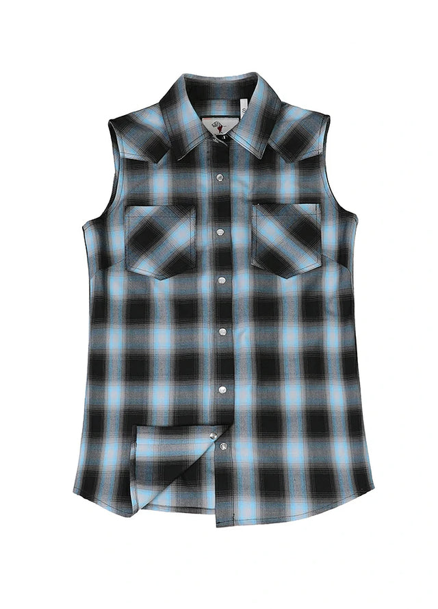 Front view of a women's blue black plaid summer soft sleeveless vest