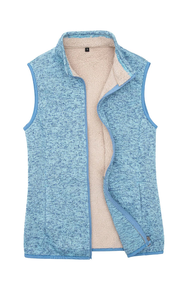Front view of a women's baby blue sweater fleece vest with sherpa lined