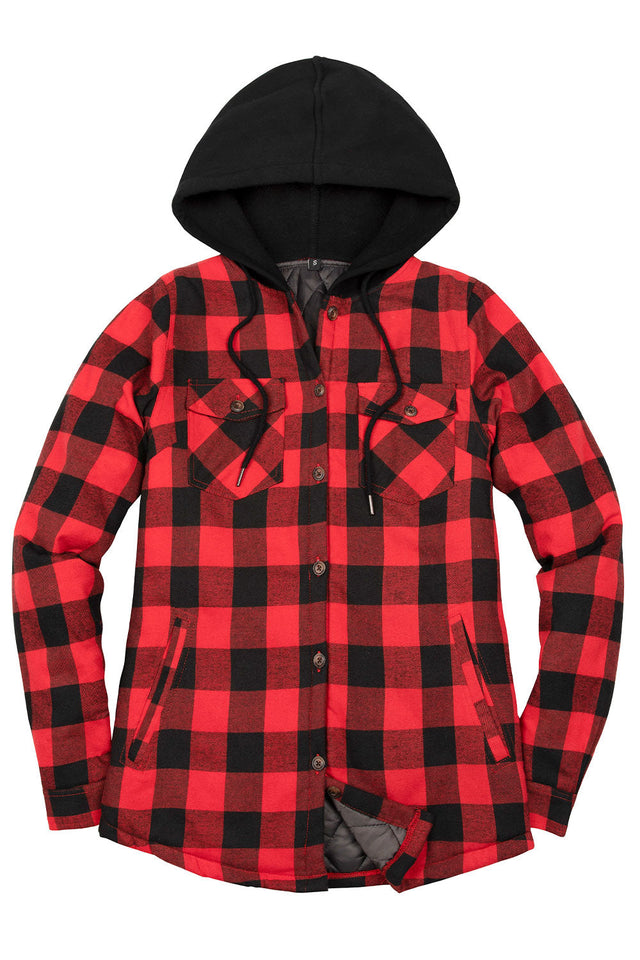 Front view of a women's black and red quilted lined flannel jacket with hood