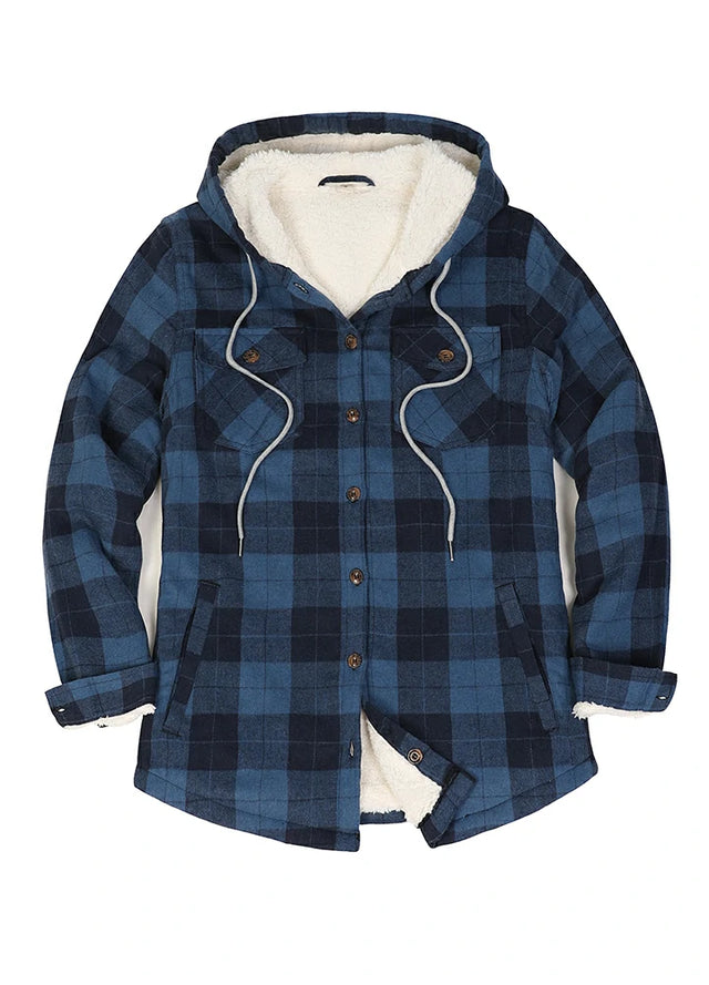 Front view of a women's black and blue winter sherpa lined plaid hooded