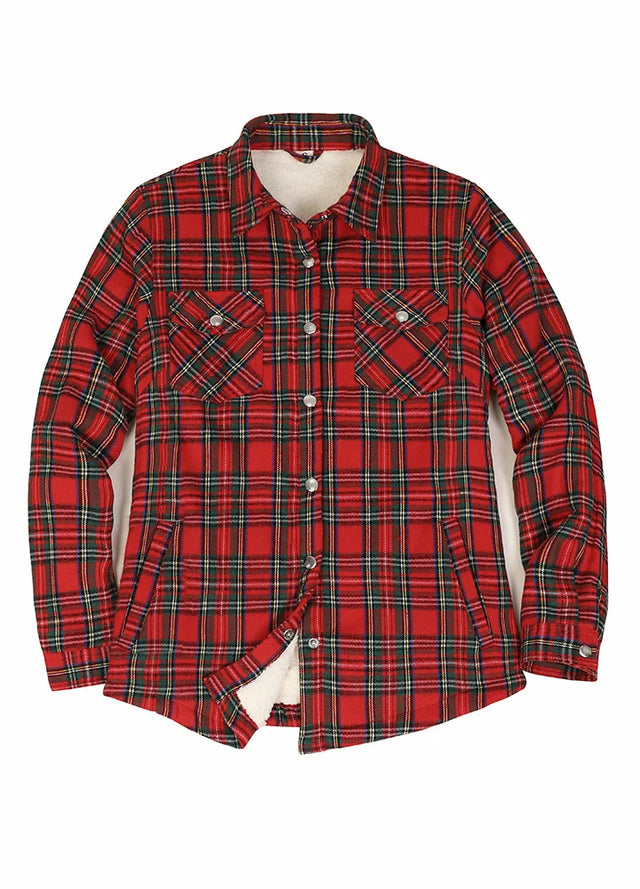 Front view of a women's christmas red plaid jacket with sherpa lined