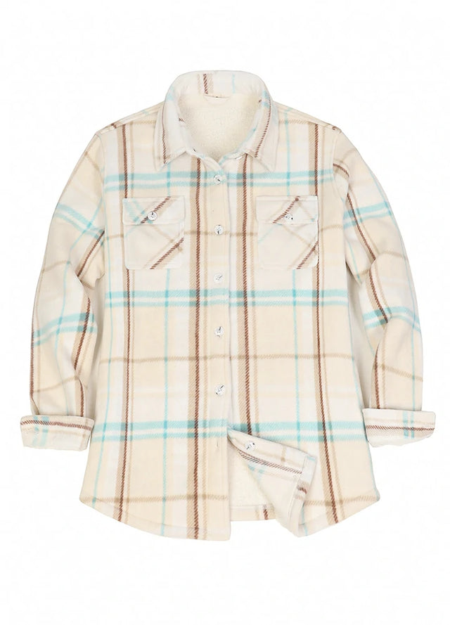 Front view of a women's cream button up plaid shacket with sherpa lined
