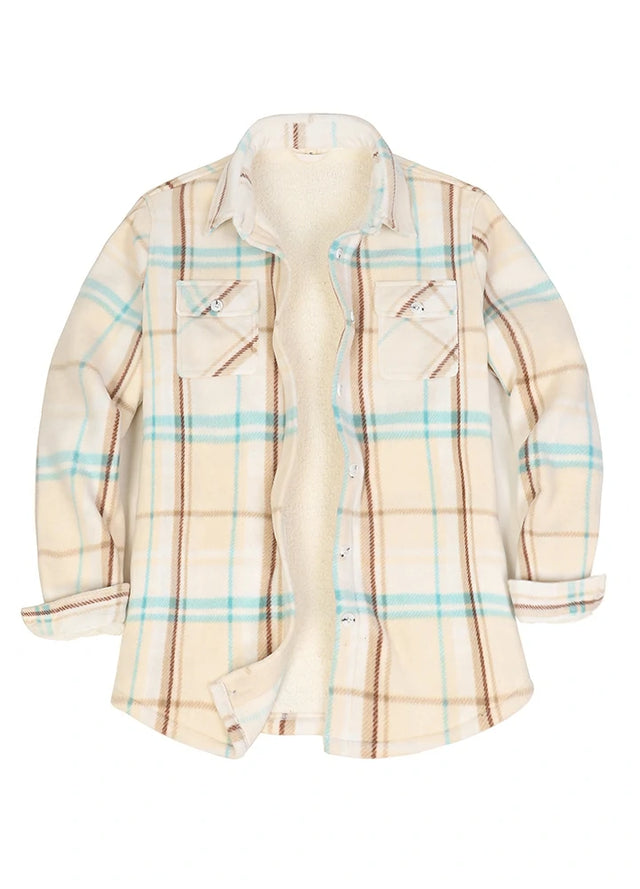 Front view of a women's cream sherpa-lined plaid shirt jacket