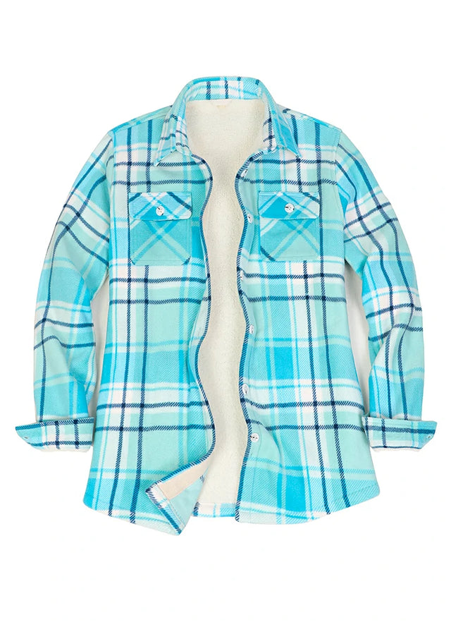 Front view of a women's blue sherpa-lined plaid shirt jacket