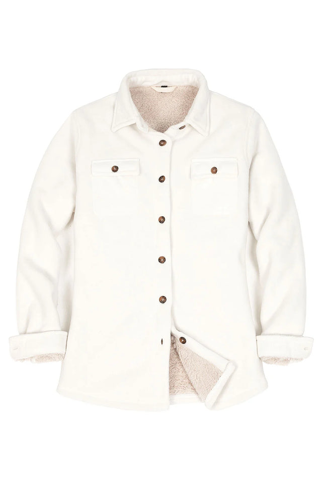 Front view of a women's cream button-up flannel shirt with sherpa lined