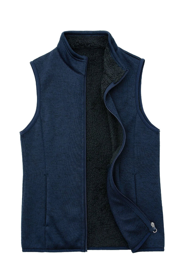 Front view of a women's navy blue sweater fleece vest with sherpa lined