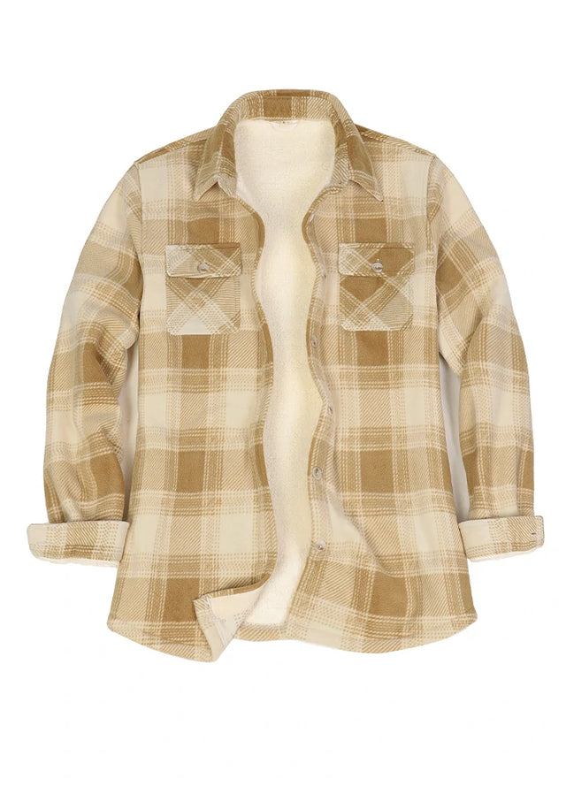 Front view of a women's yellow sherpa-lined plaid shirt jacket
