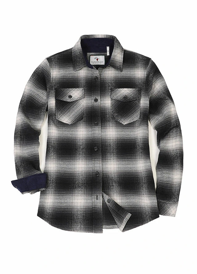 Front view of a women's gray white plaid flannel shirt with button up