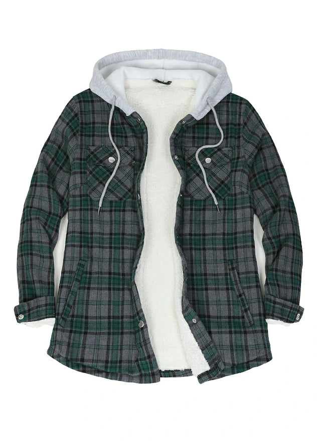 Front view of a women's green grey sherpa-lined flannel plaid hooded
