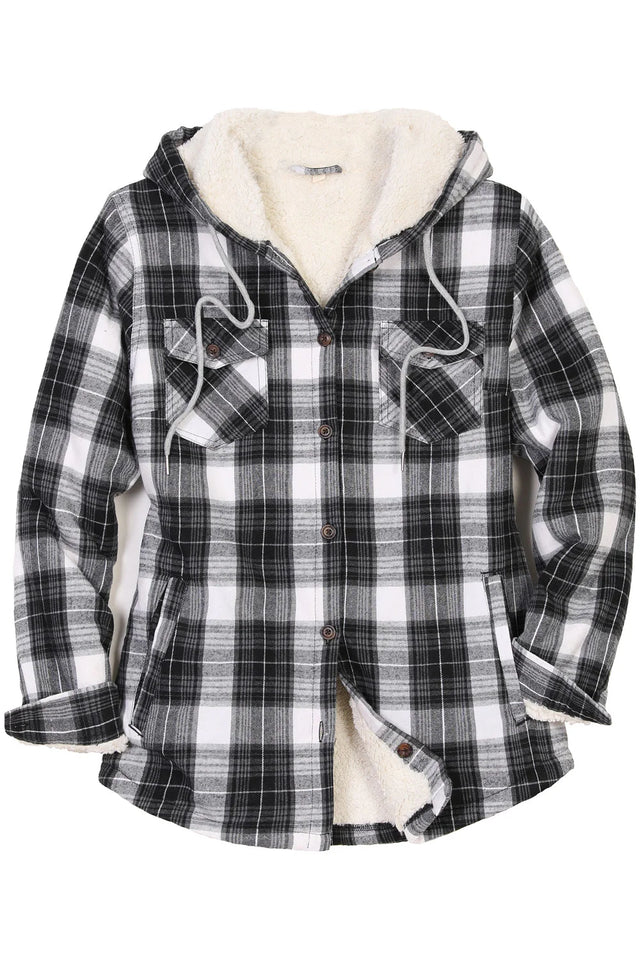 Front view of a women's gray and white winter cozy sherpa lined plaid hooded