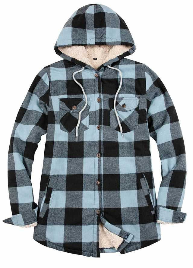 Front view of a women's black and blue winter cozy sherpa lined plaid hooded