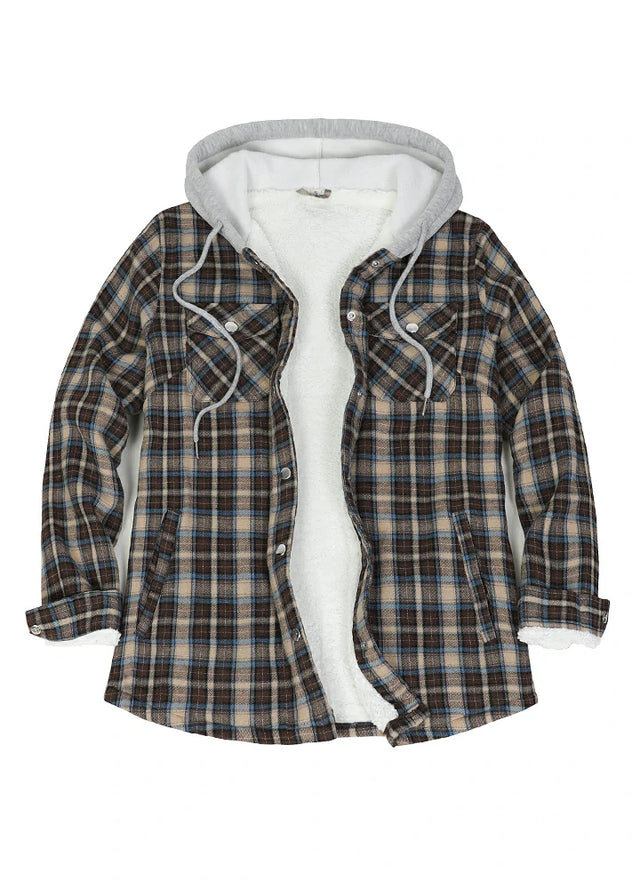 Front view of a women's khaki brown sherpa-lined flannel plaid hooded