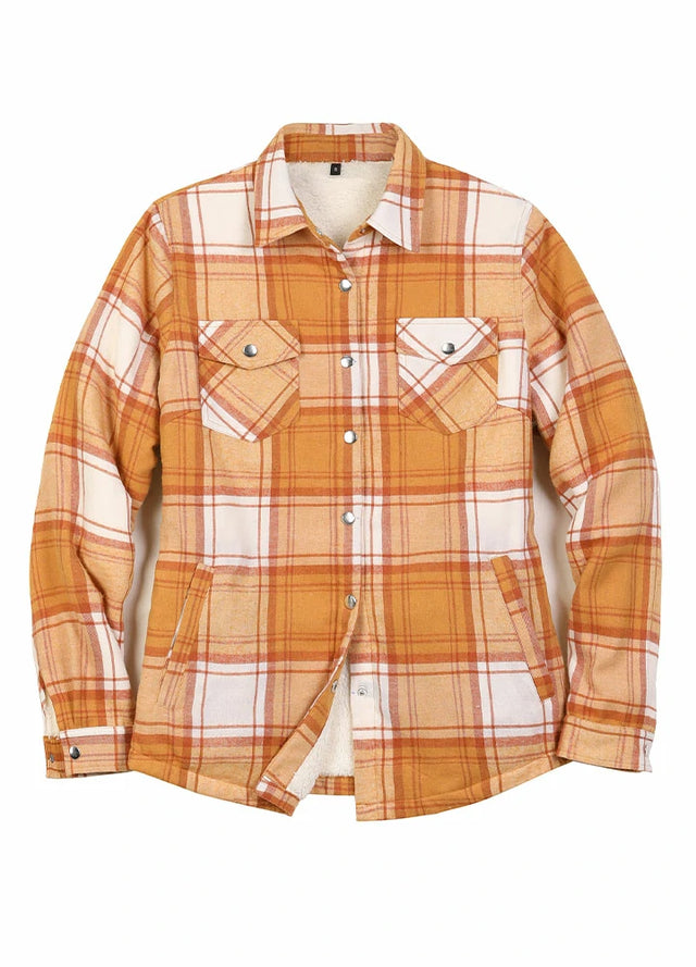 Front view of a women's yellow plaid flannel jacket with sherpa lined